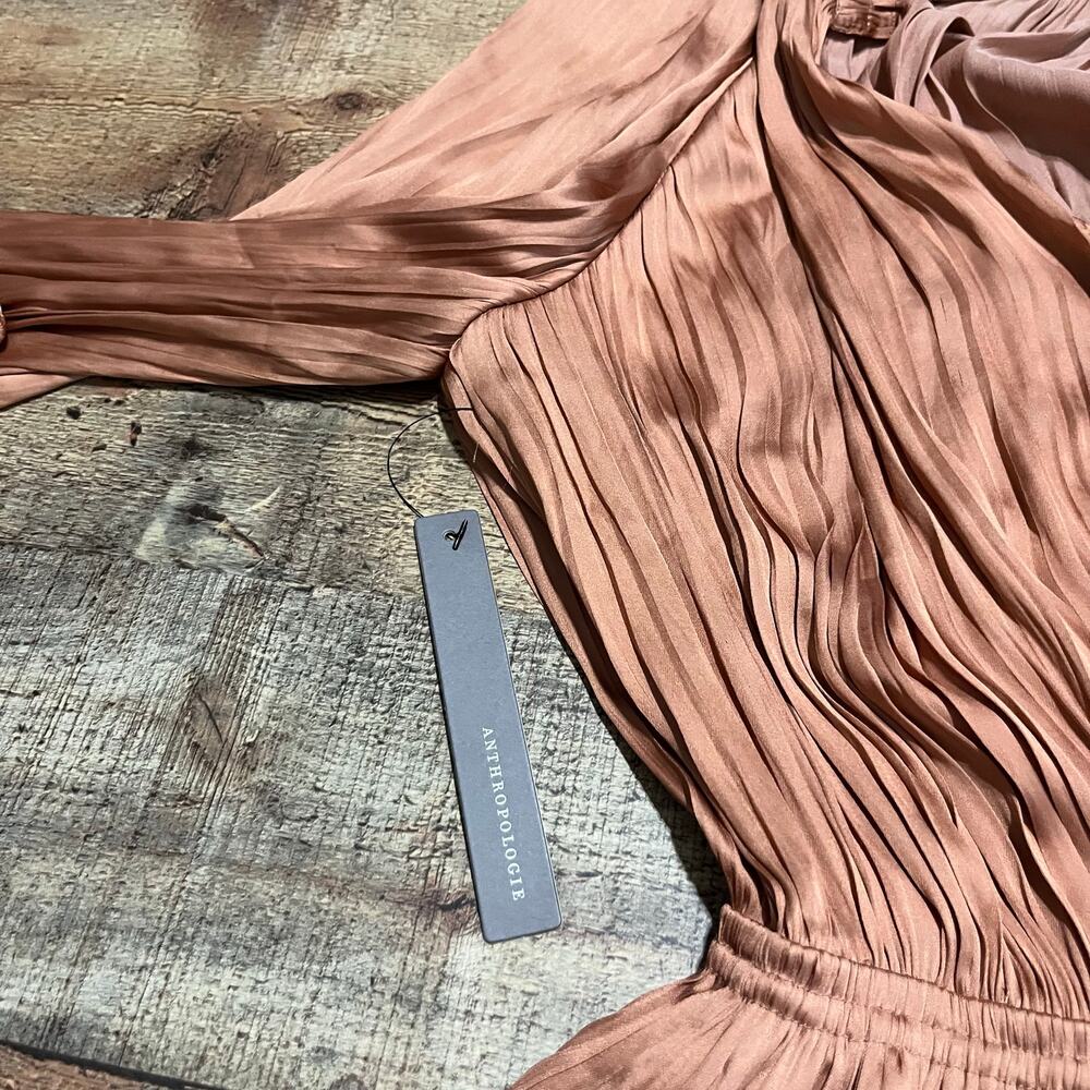 Current Air Anthropologie NEW Women's Rust Dress Sz S Midi Pleated Satin Lined - Picture 5 of 6